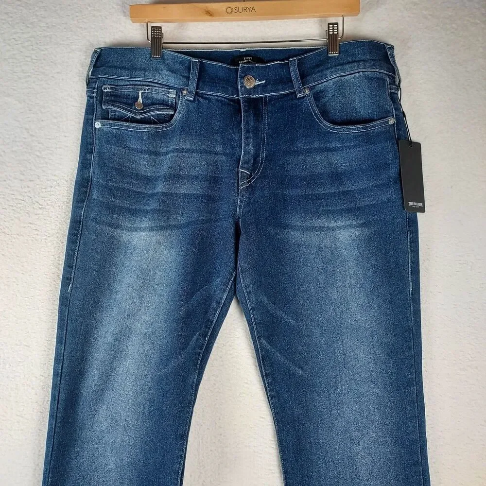 True Religion Ricky Relaxed Straight Jeans Medium Flake Blue Denim 34x34 NWT